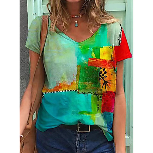 

Women's Abstract Butterfly Painting T shirt Graphic Butterfly Tie Dye Print V Neck Basic Tops Cotton Purple Red Green