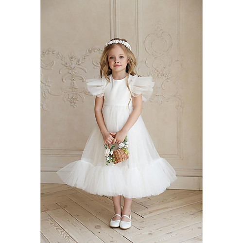

A-Line Ankle Length Flower Girl Dresses Party Tulle Sleeveless Jewel Neck with Solid