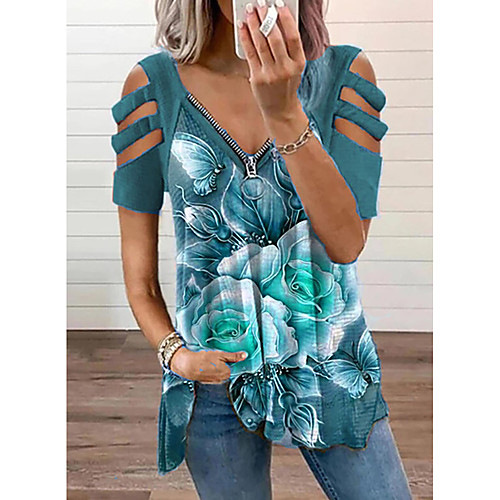 

Women's Floral Theme Blouse Shirt Floral Graphic Cut Out Zipper Print V Neck Basic Streetwear Tops Blue Purple Red