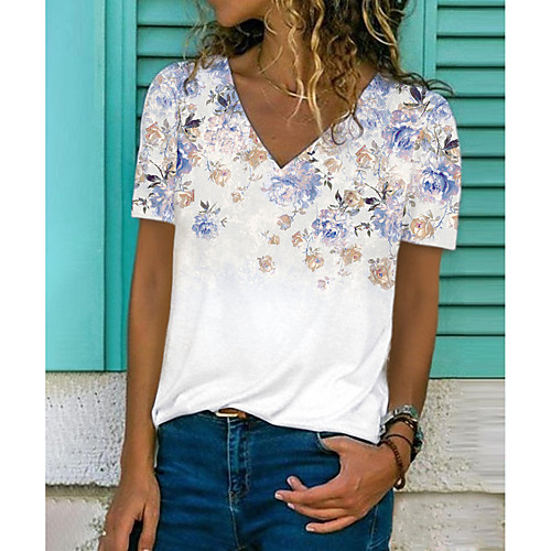 

Women's Floral Theme Painting T shirt Floral Graphic Print V Neck Basic Tops Blue Yellow