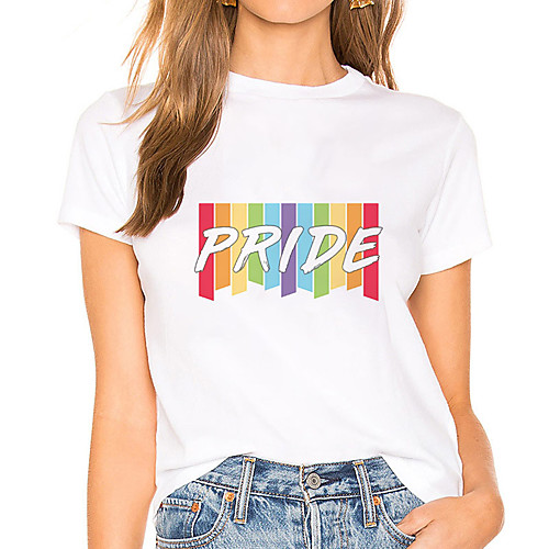 

Women's Painting T shirt Rainbow Striped Letter Print Round Neck Basic LGBT Pride Tops White
