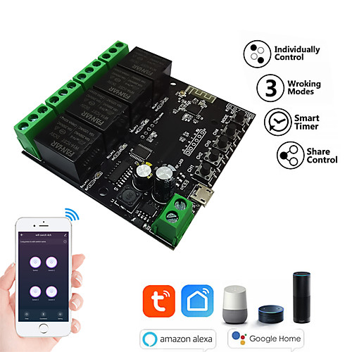 

Tuya WiFi Four Channel Wireless Smart Switch DIY Inching/Selflock/Interlock Relay Module Works with Amazon Alexa Google Home