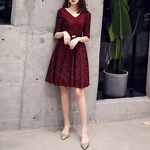 

A-Line Minimalist Elegant Party Wear Cocktail Party Dress V Neck Half Sleeve Short / Mini Sequined with Bow(s) Pleats 2021