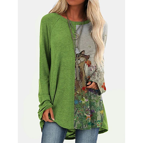 

Women's Cat T shirt Cat Animal Long Sleeve Print Round Neck Basic Tops Green Light Green Gray