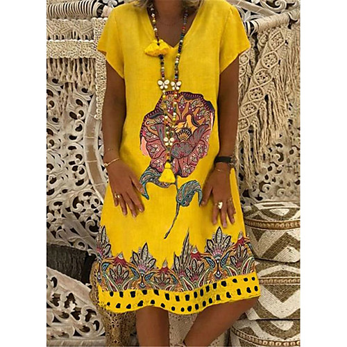 

Women's Shift Dress Knee Length Dress Blue Yellow Khaki Short Sleeve Floral Polka Dot Summer V Neck Casual 2021 S M L XL XXL 3XL 4XL 5XL