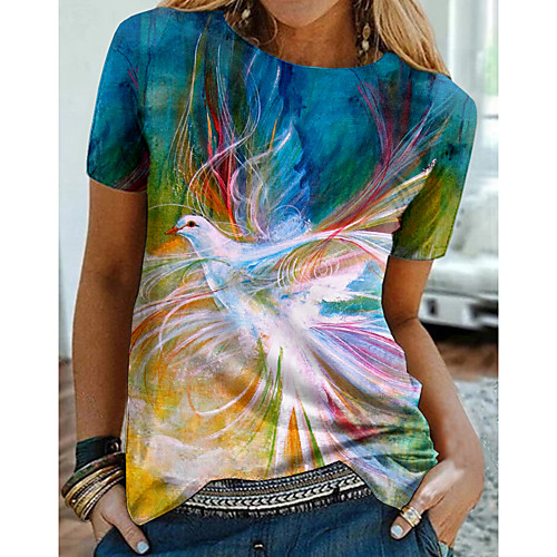 

Women's Abstract Painting T shirt Graphic Animal Print Round Neck Basic Tops Blue