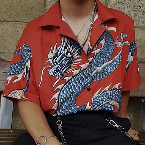 

Men's Shirt Dragon Animal Button-Down Half Sleeve Casual Tops Chinese Style Casual Fashion Breathable Red Navy Blue