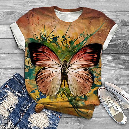 

Women's Plus Size Tops T shirt Graphic Butterfly Animal Print Short Sleeve Crewneck Basic Yellow Big Size XL XXL 3XL 4XL 5XL / Holiday