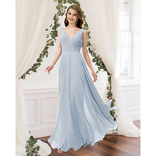 

A-Line V Neck Floor Length Chiffon / Lace Bridesmaid Dress with Pleats