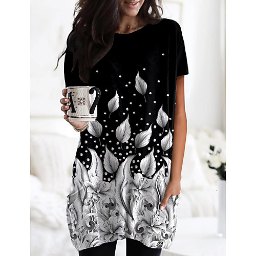 

Women's Floral Theme Painting T shirt Dress Plants Leaf Pocket Print Round Neck Basic Tops Black