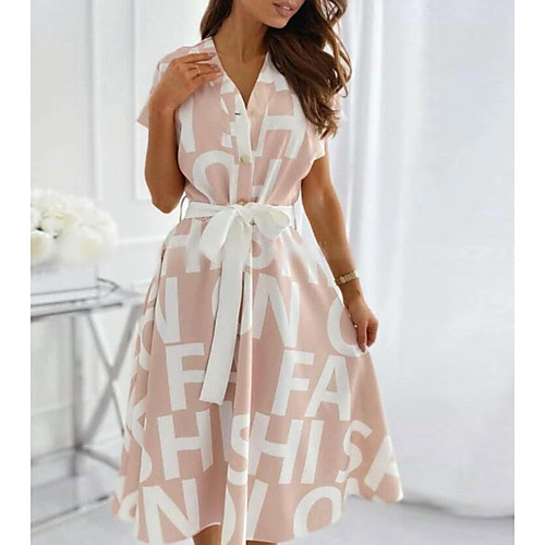 

Women's A Line Dress Knee Length Dress Blushing Pink Black Short Sleeve Pattern Summer Casual 2021 S M L XL XXL