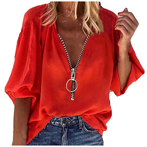 

Women's Blouse Plain Long Sleeve Zipper V Neck Tops White Red Gray