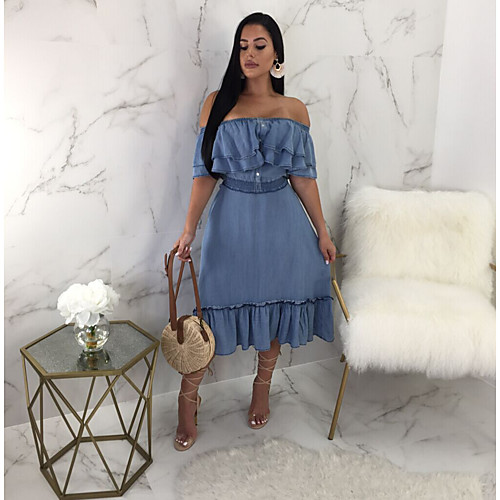 

Women's Denim Dress Midi Dress Blue Short Sleeve Solid Color Spring Summer Casual / Daily 2021 S M L XL