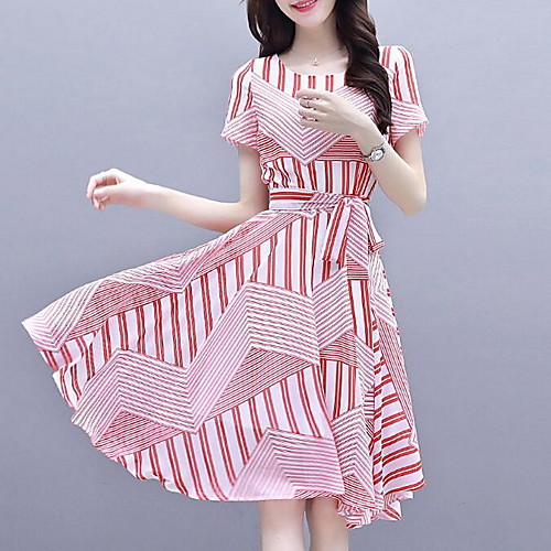 

Women's Swing Dress Knee Length Dress Blushing Pink Short Sleeve Print Summer Round Neck Elegant Slim 2021 S M L XL XXL 3XL 4XL
