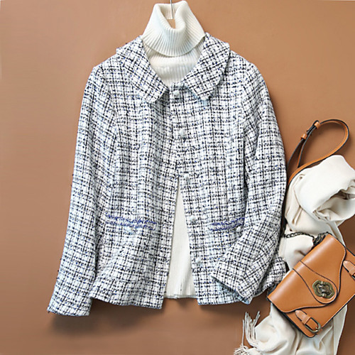 

Women's Coat Daily Wear Fall Spring Regular Coat Shirt Collar Regular Fit Sweet Style Elegant Jacket Plaid / Check Classic Style Blue and white grid