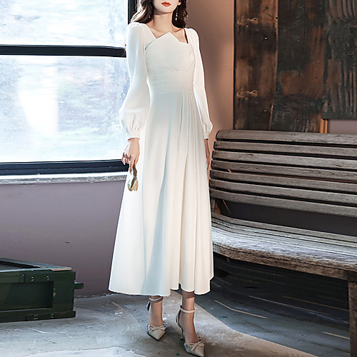 

A-Line Minimalist Elegant Party Wear Engagement Dress Scoop Neck Long Sleeve Tea Length Stretch Fabric with Pleats 2021