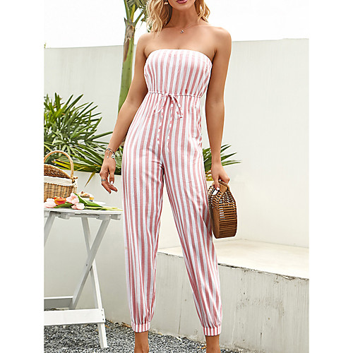 

Women's Ordinary Daily Wear Lace up Blushing Pink Jumpsuit Striped Lace up