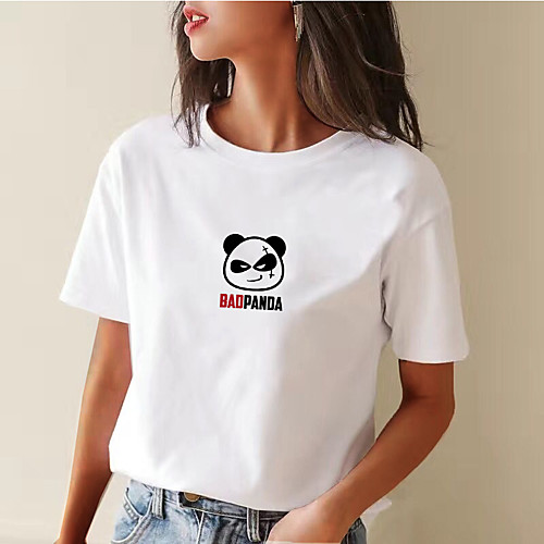 

Women's Painting T shirt Panda Letter Print Round Neck Basic Tops Cotton White Red Black