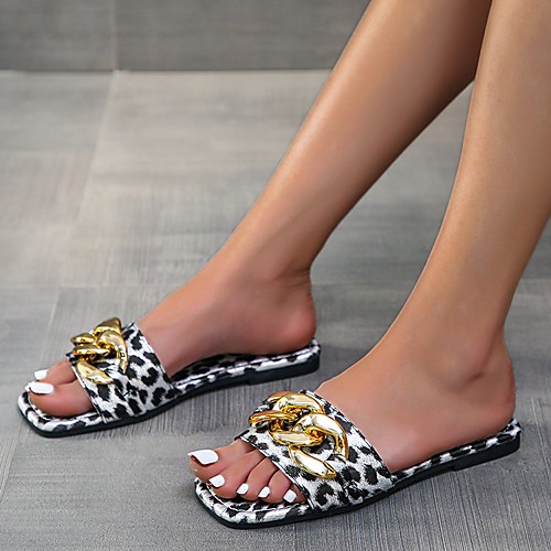 

Women's Sandals Flat Heel Square Toe PU Leopard Leopard White Burgundy