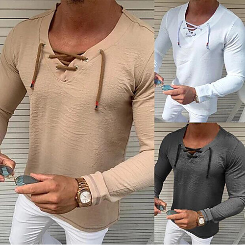 

Men's Shirt Solid Colored Drawstring Long Sleeve Casual Tops Cotton Casual Fashion Breathable Comfortable V Neck Gray Khaki White