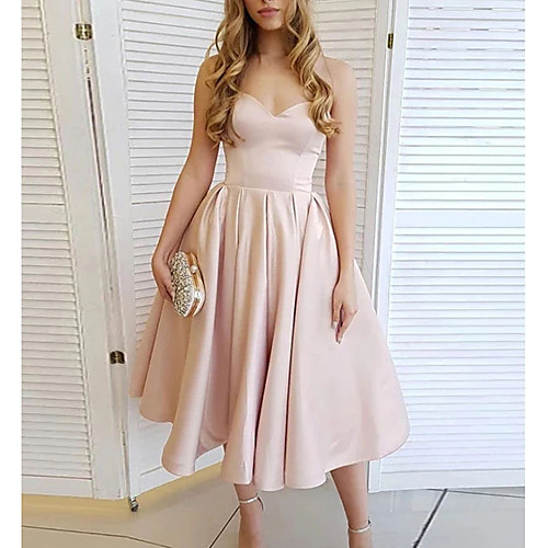 

A-Line Minimalist Elegant Party Wear Cocktail Party Dress V Neck Sleeveless Tea Length Satin with Pleats 2021