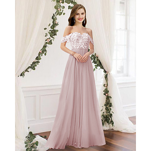 

A-Line Off Shoulder Floor Length Chiffon / Lace Bridesmaid Dress with Pleats / Appliques