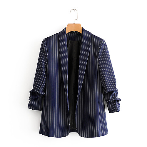 

Women's Coat Daily Wear Fall Winter Long Coat V Neck Regular Fit Casual Jacket Stripes Pocket Navy Blue / Spring