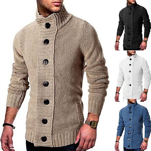 

Men's Unisex Stylish Vintage Style Basic Pocket Knitted Button Solid Color Cardigan Sweater Long Sleeve Sweater Cardigans Stand Collar Turtleneck Fall Spring White Black Khaki