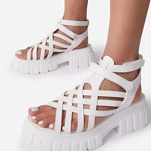 

Women's Sandals Chunky Heel Round Toe Rubber PU Solid Colored Dark Brown Pink White