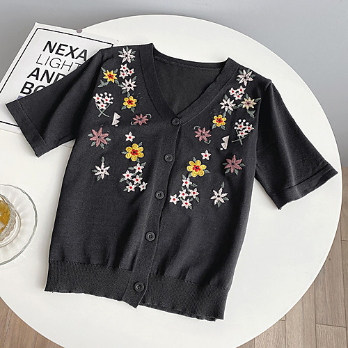 

Women's Floral Print Cardigan Short Sleeve Sweater Cardigans V Neck White Black