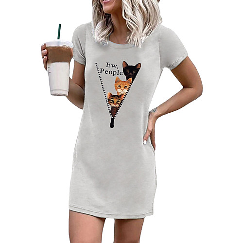 

2021 amazon new base coat creative cat zipper print round neck short sleeve mini dress women