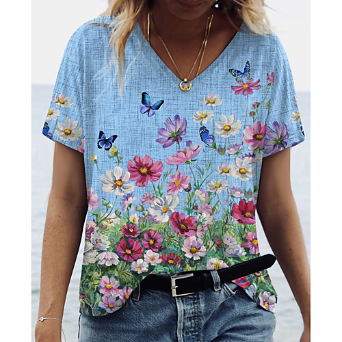 

Women's Floral Theme Butterfly Painting T shirt Floral Butterfly Print V Neck Basic Tops Blue