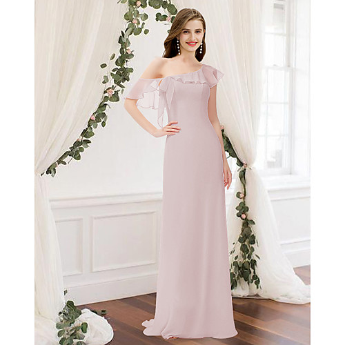 

Sheath / Column One Shoulder Floor Length Chiffon Bridesmaid Dress with Ruffles