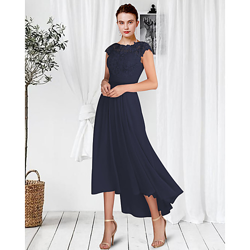 

A-Line Mother of the Bride Dress Elegant Jewel Neck Ankle Length Chiffon Lace Sleeveless with Pleats Appliques 2021