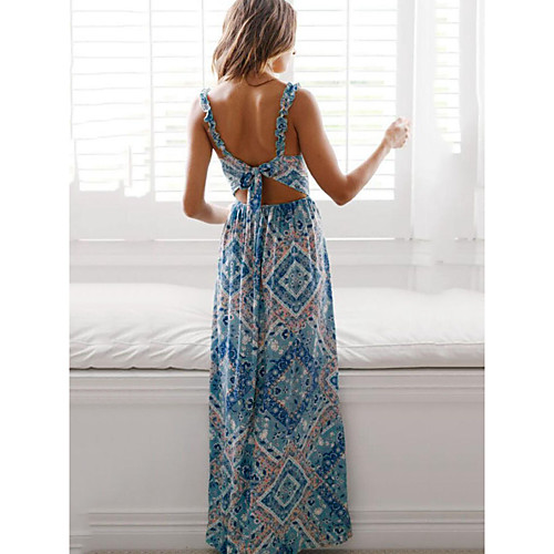 

Women's Strap Dress Maxi long Dress Peacock Blue Short Sleeve Pattern Summer Casual 2021 S M L XL