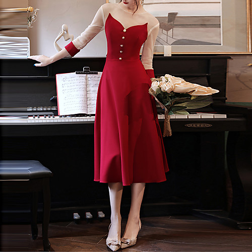 

A-Line Minimalist Elegant Engagement Prom Dress Illusion Neck 3/4 Length Sleeve Tea Length Stretch Fabric with Sleek 2021