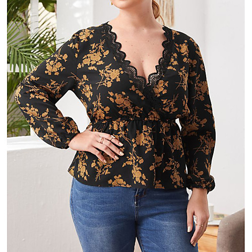 

Women's Plus Size Tops Blouse Graphic Lace Trims Long Sleeve V Neck Basic Black Big Size XL XXL 3XL 4XL