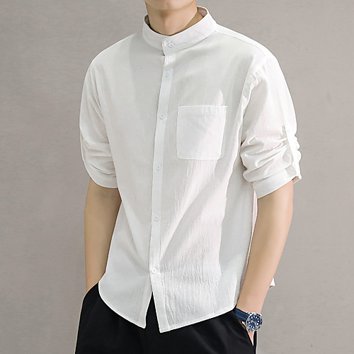 

Men's Shirt Solid Colored 3/4 Length Sleeve Casual Tops Simple Chinese Style Standing Collar Army Green White Black