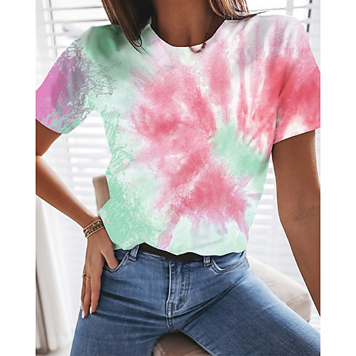 

Women's T shirt Tie Dye Round Neck Tops Blue Purple Fuchsia