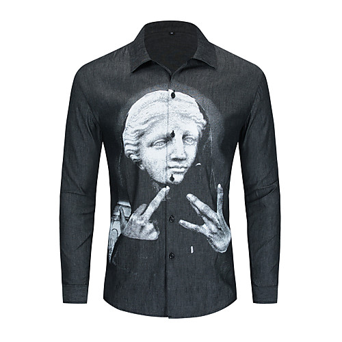 

Men's Shirt Portrait Button-Down Long Sleeve Street Tops Cotton Casual Hip-Hop Comfortable Black