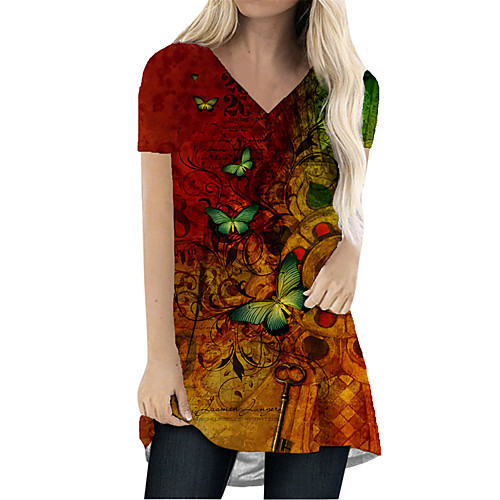 

Women's T Shirt Dress Tee Dress Short Mini Dress Red Short Sleeve Butterfly Animal Print Spring Summer V Neck Casual Holiday Loose 2021 S M L XL XXL 3XL