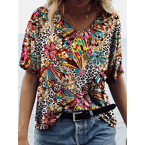 

Women's Floral Theme Painting T shirt Floral Graphic Leopard Print V Neck Basic Tops Blue Purple Green