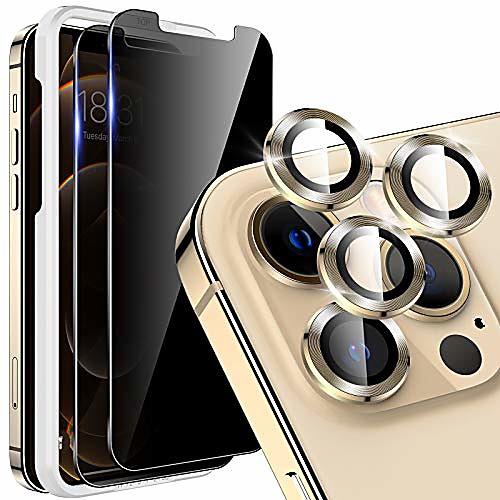 

[23 pack] lk 2 pcs anti spy privacy tempered glass screen protector 3 pcs camera lens protector compatible for iphone 12 pro max 6.7 inch, [precise cut out] separated camera cover circle - gold
