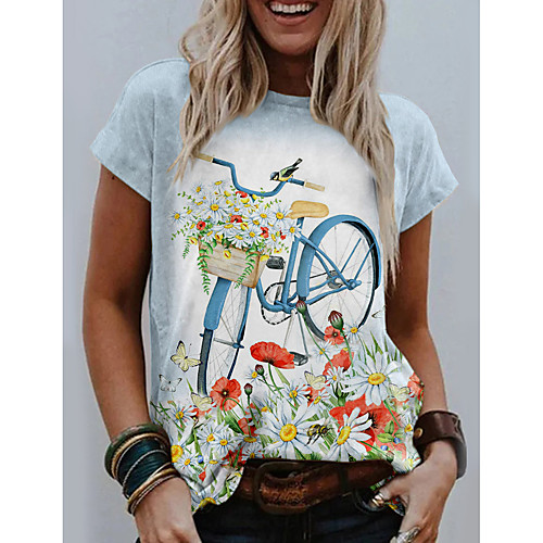 

Women's Floral Theme Painting T shirt Floral Daisy Print Round Neck Basic Tops Blue