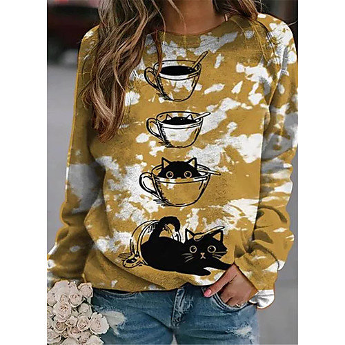 

Women's Sweatshirt Pullover Cat Tie Dye Print Casual Daily Sports 3D Print Sportswear Streetwear Hoodies Sweatshirts Loose Khaki