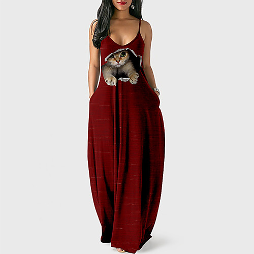 

Women's Strap Dress Maxi long Dress Blue Purple Yellow Blushing Pink Wine Army Green Dusty Rose Light Brown Fuchsia Gray Sleeveless Cat Solid Color Print Summer V Neck Casual Loose 2021 XS S M L XL