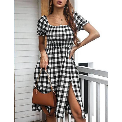 

Women's Swing Dress Knee Length Dress Light Blue Black Short Sleeve Plaid / Check Spring Summer Casual / Daily 2021 S M L XL XXL