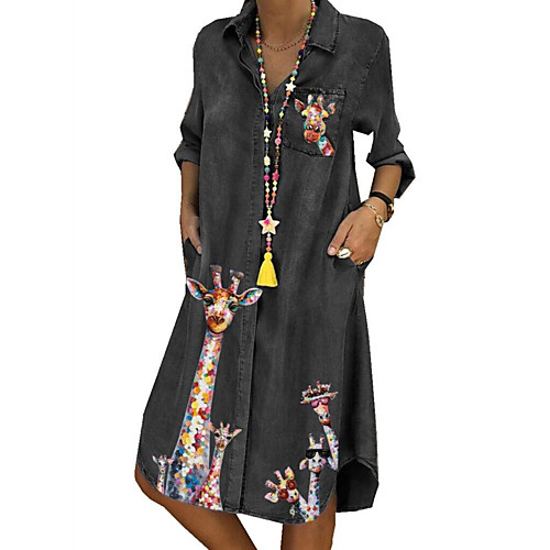 

Women's Denim Dress Midi Dress Dark Grey Sky Blue Dark Blue Long Sleeve Print Spring Summer Casual 2021 S M L XL XXL XXXL