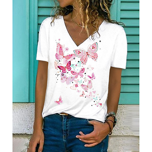 

Women's Butterfly Painting T shirt Graphic Butterfly Print V Neck Basic Tops White