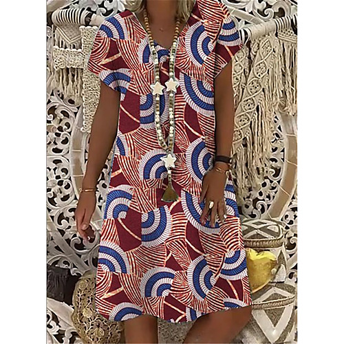 

Women's T Shirt Dress Tee Dress Knee Length Dress Multicolor_1 Green Red Short Sleeve Print Summer V Neck Casual 2021 S M L XL XXL 3XL 4XL 5XL